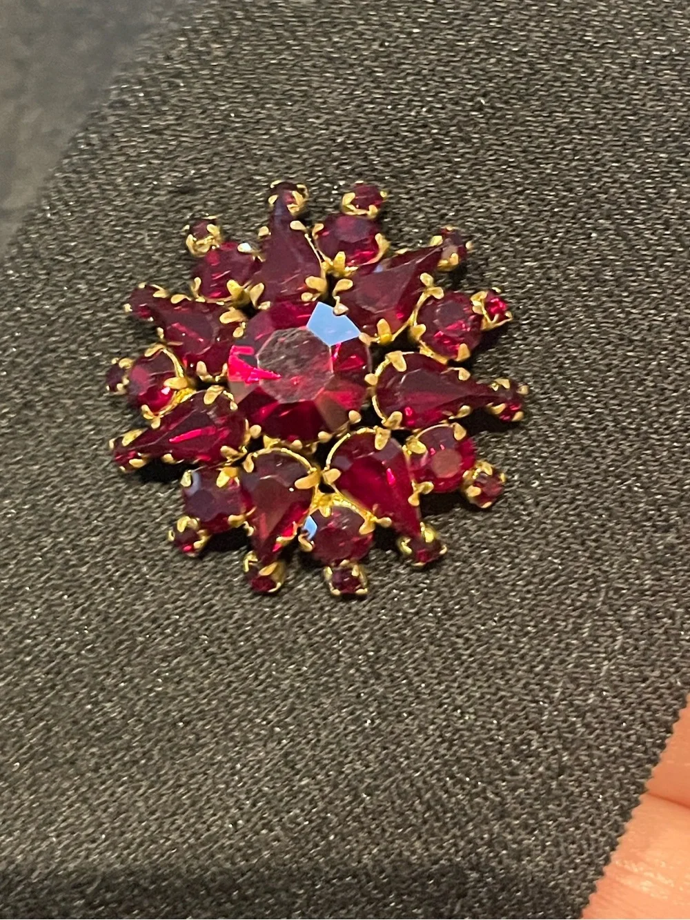 Vintage Austria Ruby Red Rhinestone Brooch High Dome Gold Tone MCM